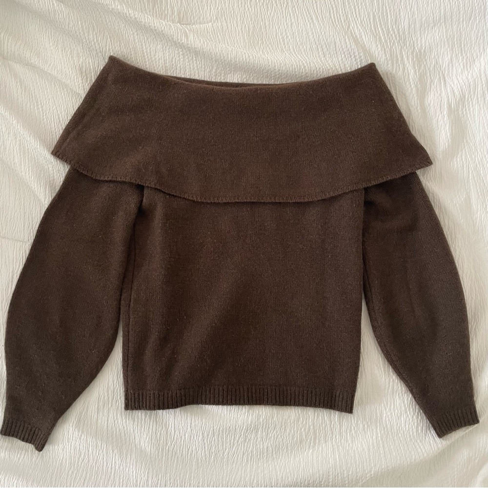The Cashmere Project Brown Off the Shoulder Cashmere Sweater